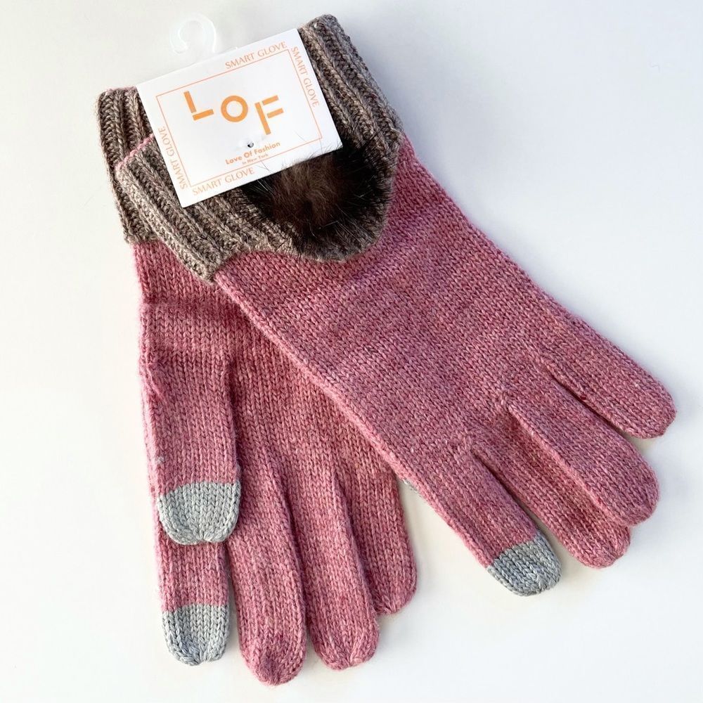LOF Dusty Rose Pink Knit Gloves, Smart Tech Finger Tips, Fur Puff Decora…